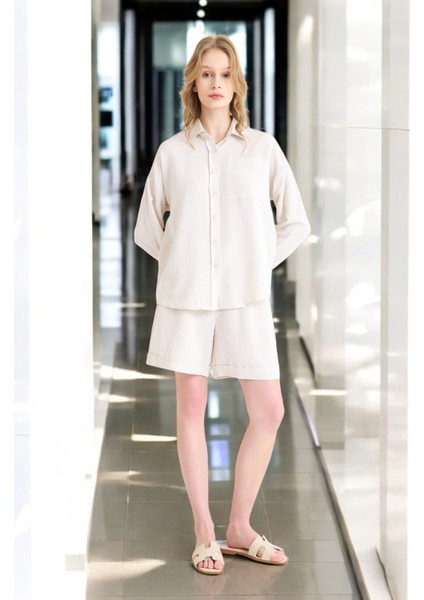 Yazlık Uzun Kol Gömlek Şort Ikili Takım