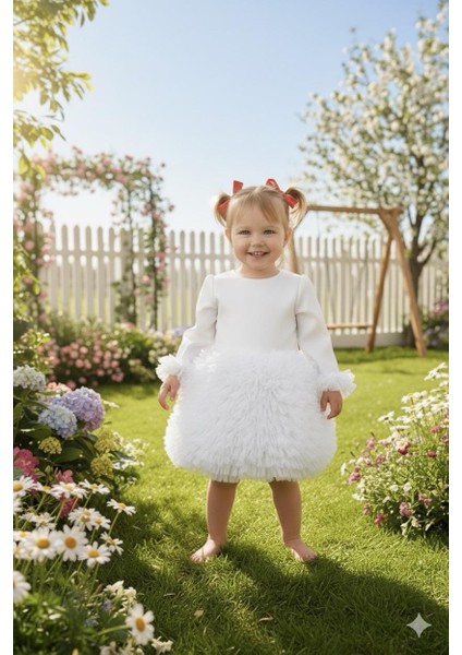 Kız Çocuk Elbise Party Balo Düğün Elbisesi Fır Fır Etek ve Kol Detaylı 1- 5 Yaş