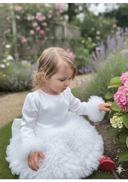 Kız Çocuk Elbise Party Balo Düğün Elbisesi Fır Fır Etek ve Kol Detaylı 1- 5 Yaş fırsatları