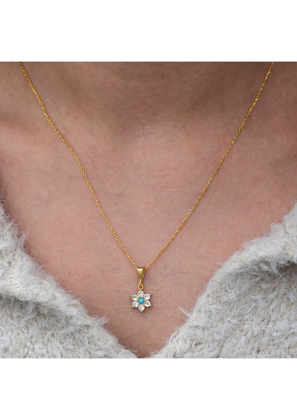 Gümüş Mavi Taşlı Gold Çiçek Kadın Kolye indirimleri