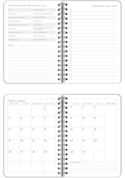 Spiralli Sert Kapak 2026 Günlük Ajanda A5