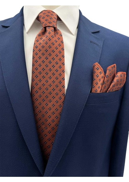 Taba Lacivert Desenli Kravat ve Mendil Set