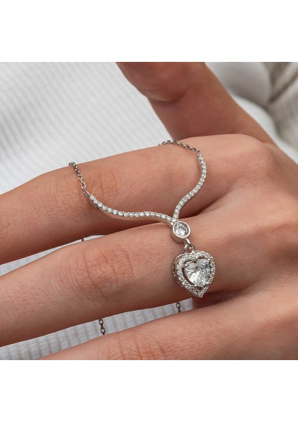 Gümüş Beyaz Zirkon Taşlı Kalp Kadın Kolye indirimleri