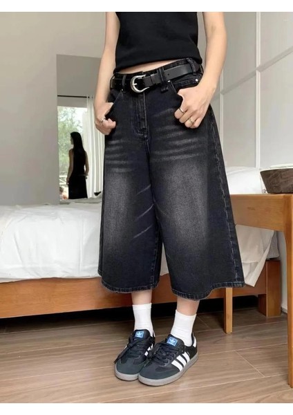 Siyah Yıkamalı Kumaş Y2K Unisex Baggy Oversize Kalıp Kot Pantolon Şort