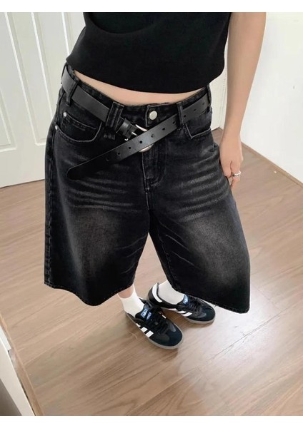 Siyah Yıkamalı Kumaş Y2K Unisex Baggy Oversize Kalıp Kot Pantolon Şort fırsatları