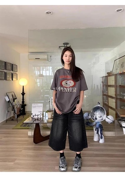 Siyah Yıkamalı Kumaş Y2K Unisex Baggy Oversize Kalıp Kot Pantolon Şort indirimleri