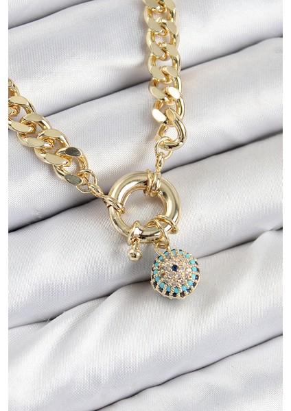 Pirinç Zirkon Taşlı Nazar Boncuk Detaylı Klasik Zincir Model Gold Renk Kadın Kolye