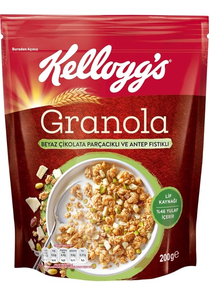 Kellogg's Granola Beyaz Çikolata Parçacıklı ve Antep Fıstıklı 200 Gr,%46 Yulaf Içerir,lif Kaynağı,kahvaltılık Gevrek,müsli
