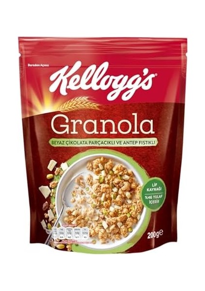 Kellogg's Granola Beyaz Çikolata Parçacıklı ve Antep Fıstıklı 200 Gr,%46 Yulaf Içerir,lif Kaynağı,kahvaltılık Gevrek,müsli fiyatları
