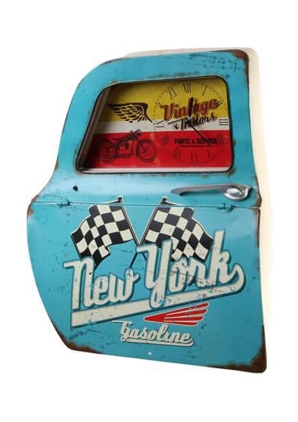 Dekoratif Newyork Temalı Mavi Araba Kapısı Saatli Duvar Rafı fiyatları