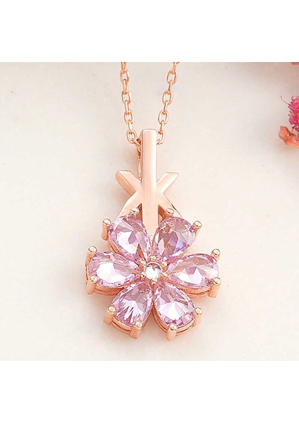 925 Ayar Gümüş Rose Pembe Sevgi Çiçeği Kadın Kolye
