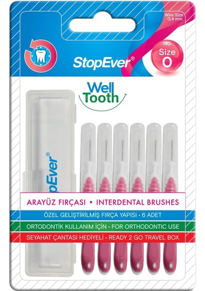 Stopever Well Tooth Arayüz Fırçası Size 0 | 0.4 mm Ince Telli Diş Arası Fırçası, Taşıma Kutusu Hediyeli | Ortodontik Kullanıma Uygun | 6 Adet