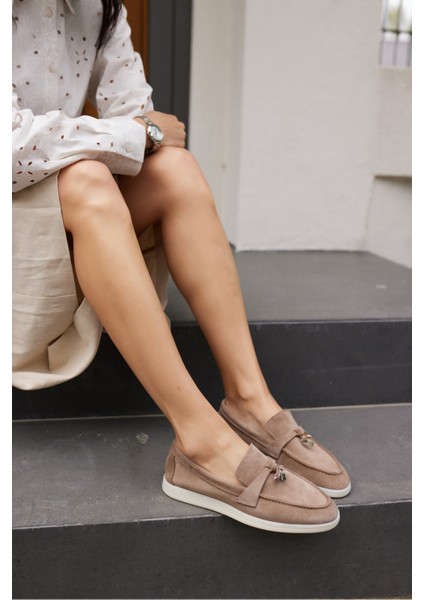 Casado Kadın Bej Gercek Suet Loafer Ayakkabi