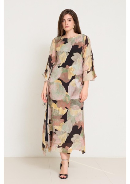 Siyah-Sarı Yandan Bağlama Detaylı Truvakar Kol Desenli Elbise modelleri