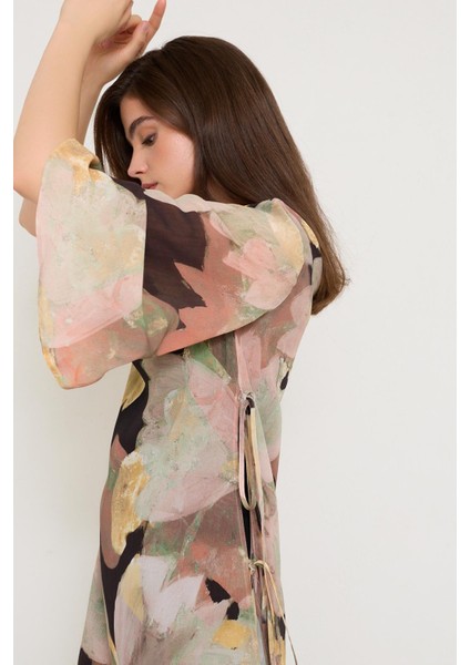 Siyah-Sarı Yandan Bağlama Detaylı Truvakar Kol Desenli Elbise indirimleri