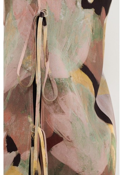 Siyah-Sarı Yandan Bağlama Detaylı Truvakar Kol Desenli Elbise