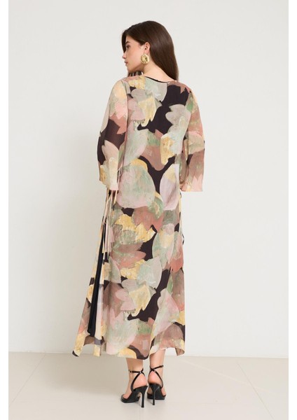 Siyah-Sarı Yandan Bağlama Detaylı Truvakar Kol Desenli Elbise