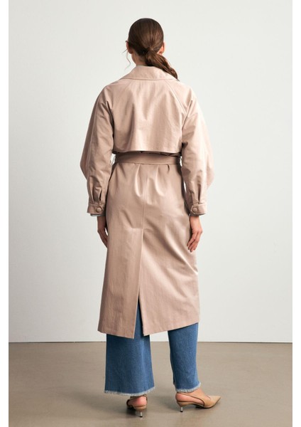Bej Kemerli Ceket Yaka Uzun Kollu Cepli Uzun Trençkot