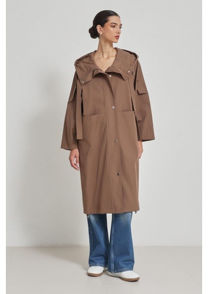 Acı-Kahve Yaka Detaylı Rahat Kesim Trençkot