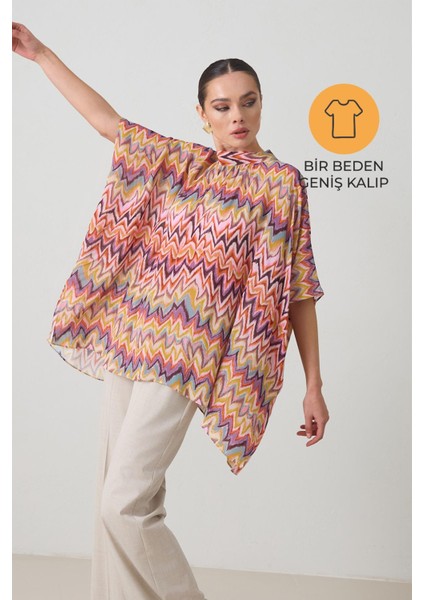 Mor Büyük Beden Desenli Asimetrik Geniş Kesim Bluz
