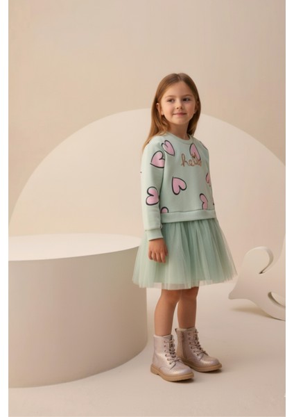 Pamuk Mevsimlik Uzun Kollu Günlük Kız Çocuk Tüllü Elbise 4-7 Yaş