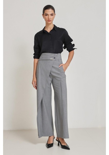 Gri Asimetrik Detaylı Geniş Paça Pantolon modelleri