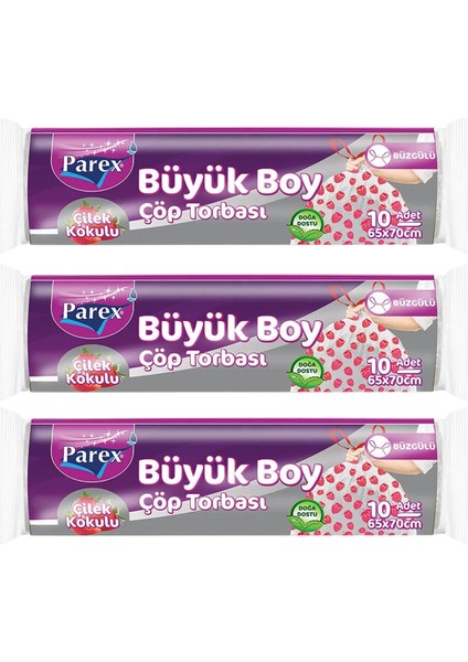 Premium 10'lu Büzgülü Çöp Torbası Çilek Kokulu Büyük Boy 65 x 70 cm Üçlü Paket