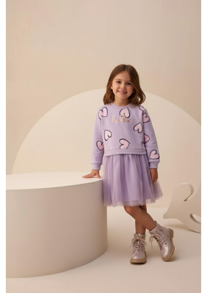 Pamuk Mevsimlik Uzun Kollu Günlük Kız Çocuk Tüllü Elbise 4-7 Yaş