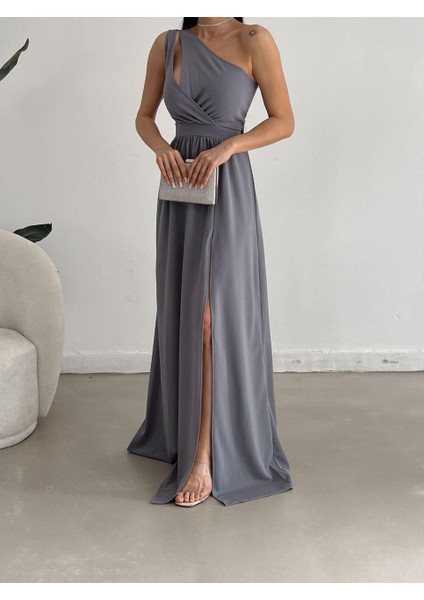 Ithal Krep Kumaş Tek Omuz Uzun Yandan Yırtmaclı Elbise 582160 Gulkurusu