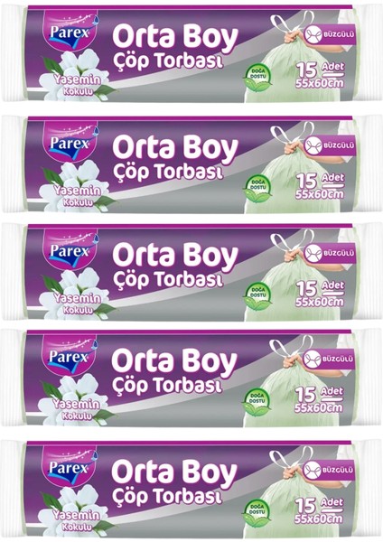Büzgülü Çöp Torbası Yasemin Kokulu 15'li Orta Boy 55 x 60 cm Beşli Paket