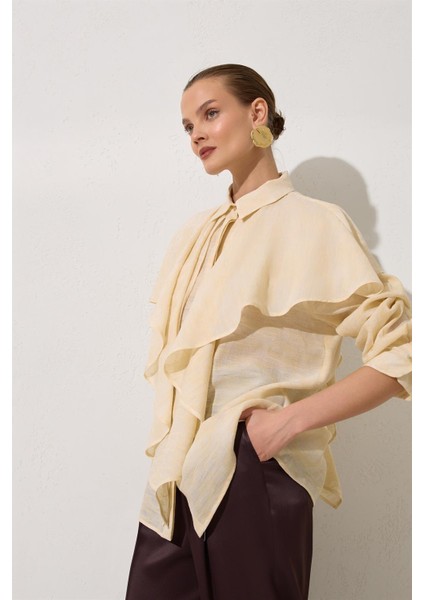 Krem Dökümlü Rahat Kesim Uzun Kollu Gömlek