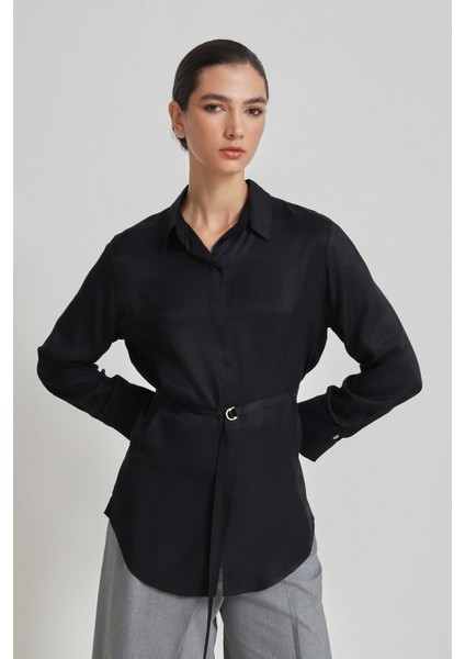 Siyah Belden Kemerli Uzun Kollu Gömlek fırsatları