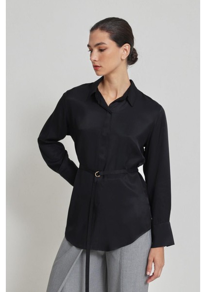 Siyah Belden Kemerli Uzun Kollu Gömlek indirimleri