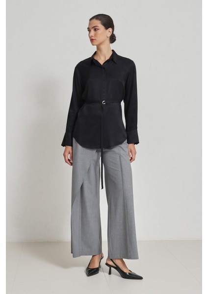 Siyah Belden Kemerli Uzun Kollu Gömlek