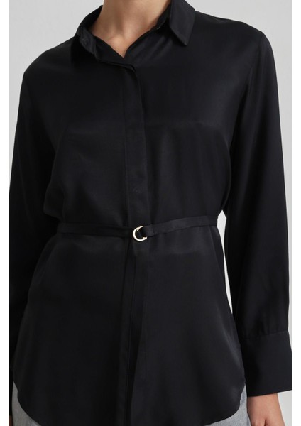 Siyah Belden Kemerli Uzun Kollu Gömlek