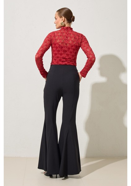 Siyah Geniş Paça Tam Kalıp Pantolon