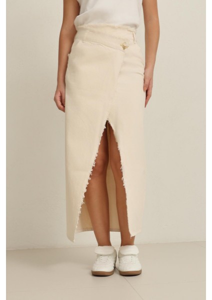 Bej Düğme Detaylı Asimetrik %100 Pamuklu Etek