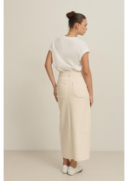 Bej Düğme Detaylı Asimetrik %100 Pamuklu Etek