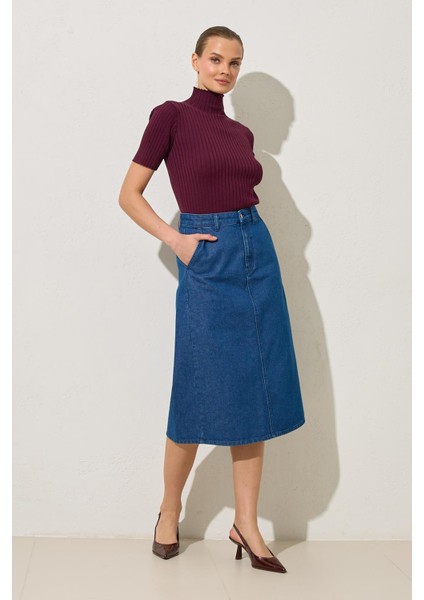 Lacivert Cep Detaylı Kot Etek