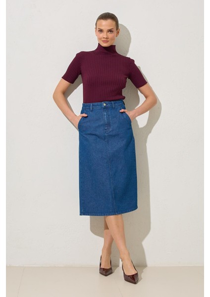 Lacivert Cep Detaylı Kot Etek