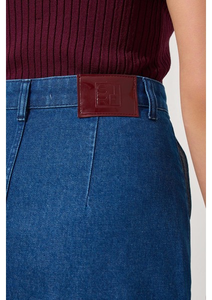 Lacivert Cep Detaylı Kot Etek