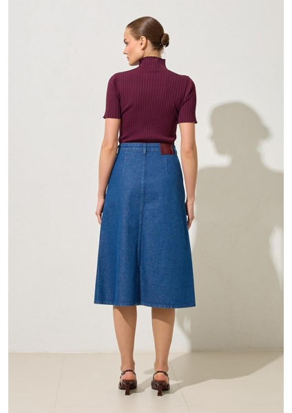 Lacivert Cep Detaylı Kot Etek