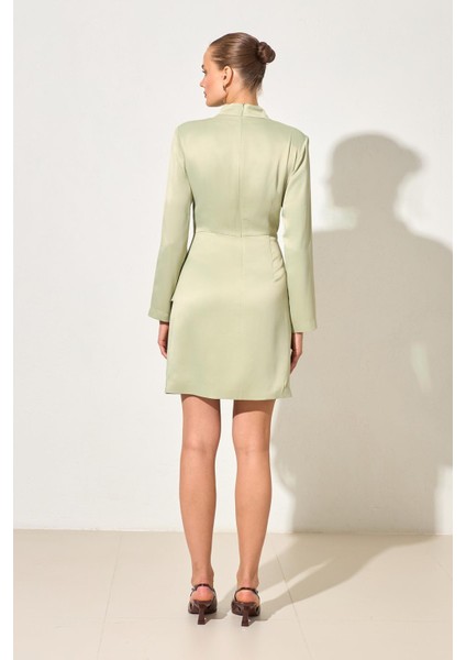 Nil Yeşili Bağlama Detaylı Balıkçı Yaka Uzun Kollu Mini Elbise