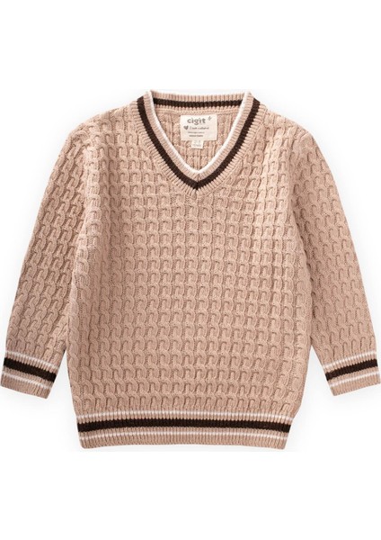Saç Örgü V Yaka Kazak 2-9 Yaş Bej