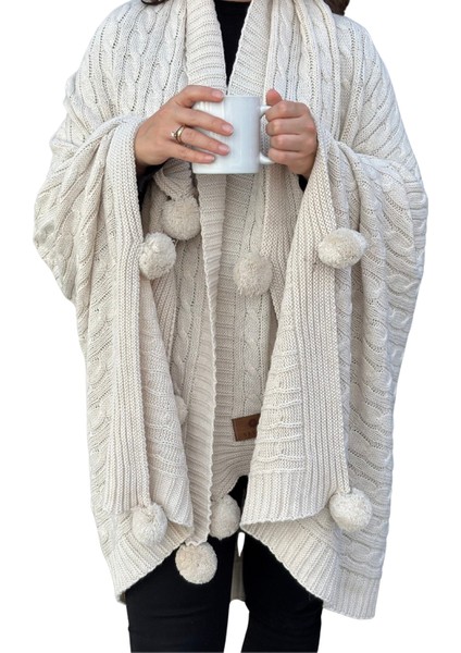 Ponponlu Triko Örme Tv Battaniyesi–Örgü Koltuk & Omuz Şalı & Diz Battaniyesi–130x170 cm-Koyu Krem fırsatları