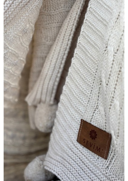 Ponponlu Triko Örme Tv Battaniyesi–Örgü Koltuk & Omuz Şalı & Diz Battaniyesi–130x170 cm-Koyu Krem indirimleri