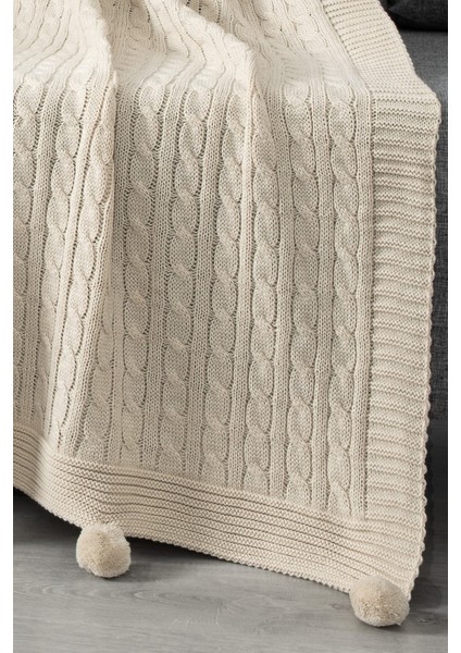 Ponponlu Triko Örme Tv Battaniyesi–Örgü Koltuk & Omuz Şalı & Diz Battaniyesi–130x170 cm-Koyu Krem