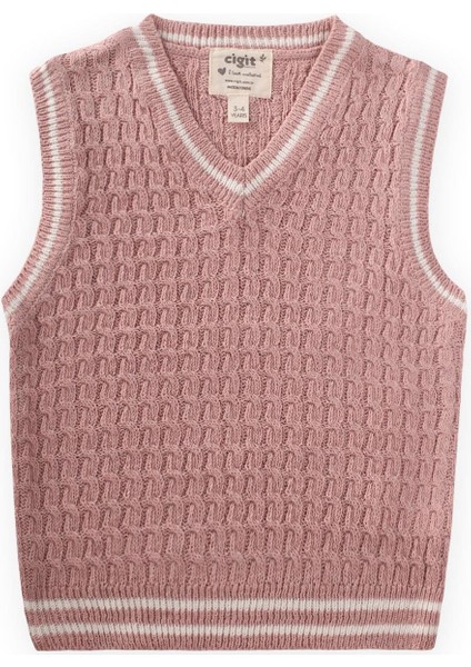Saş Örgü Triko Süeter 3-9 Yaş Pudra Pembe