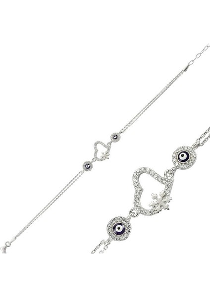 925 Ayar Gümüş Nazarlı Kar Tanesi Kalp Bileklik