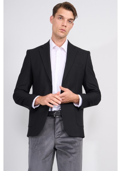 4666 Erkek Mono Yaka Tek Ceket Slim Fit Siyah